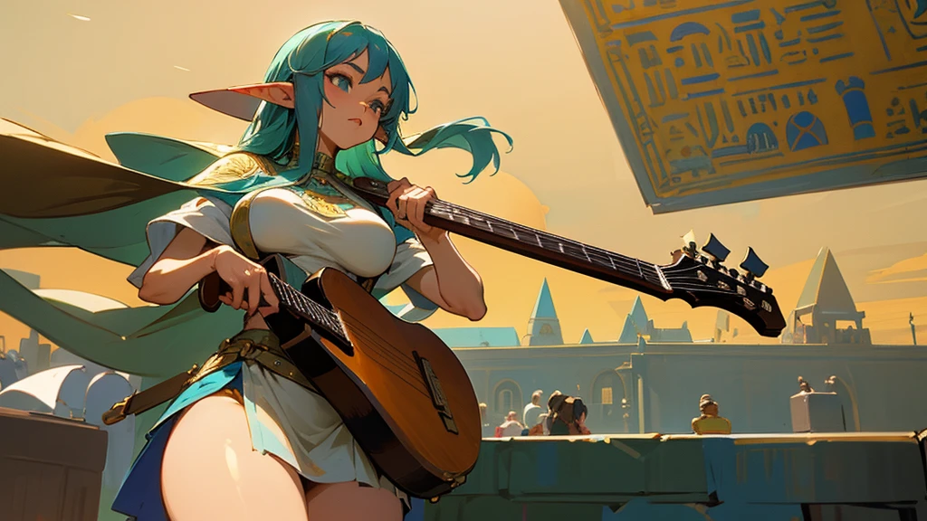Anime Style,Nostalgic,Detailed Egyptian background,The medieval world,A bustling square with many people,Beautiful Elf Bard,guitar,Large Breasts,Healthy thighs