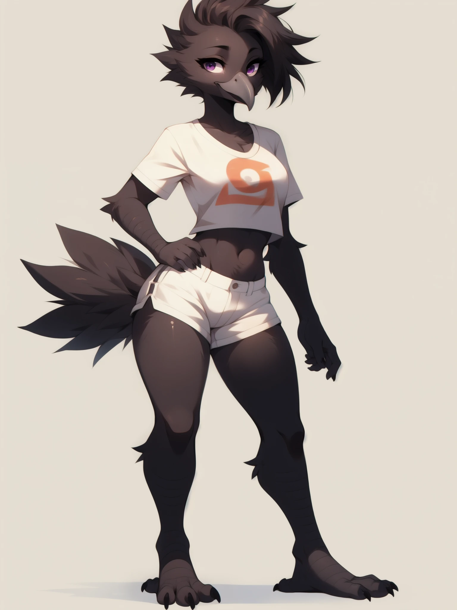 By fumiko, by hyattlen, an Anthropomorphic avian crow girl, female, small grey beak, tall and slender, small crow tail, black body, standing, white background, purple eyes, hands with five fingers, wearing white shirt, white short shorts, full body shot, 4 toes