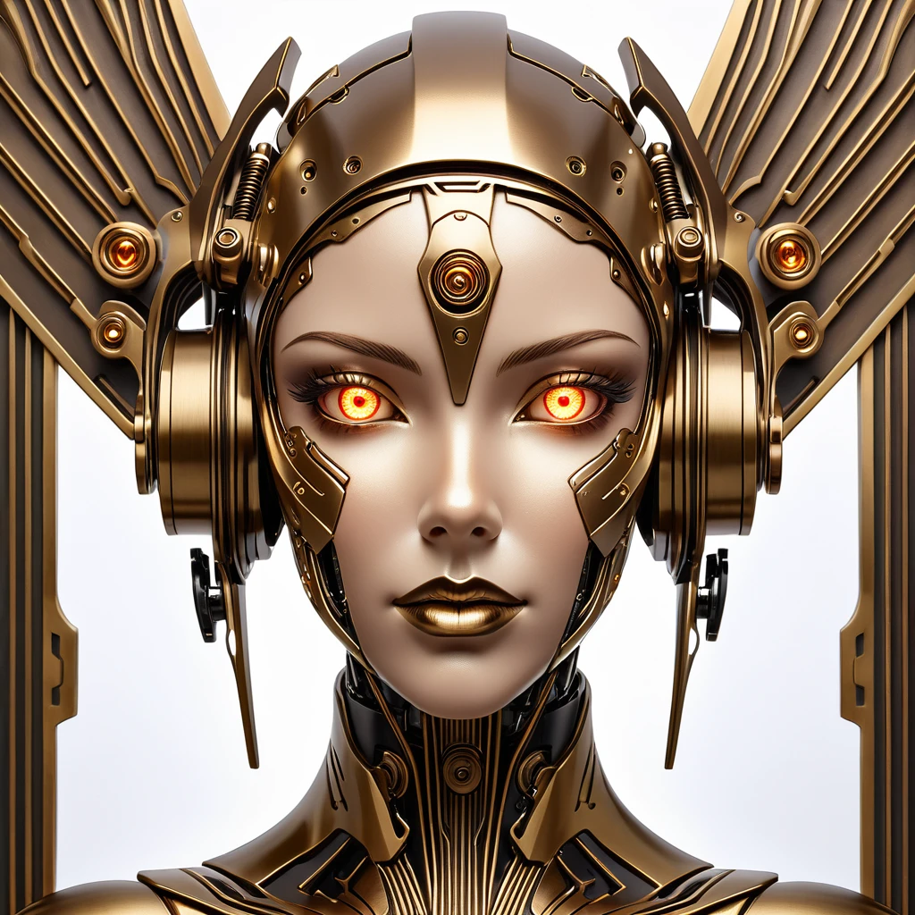 cyborg woman art deco face portrait glowing eyes bronze brass