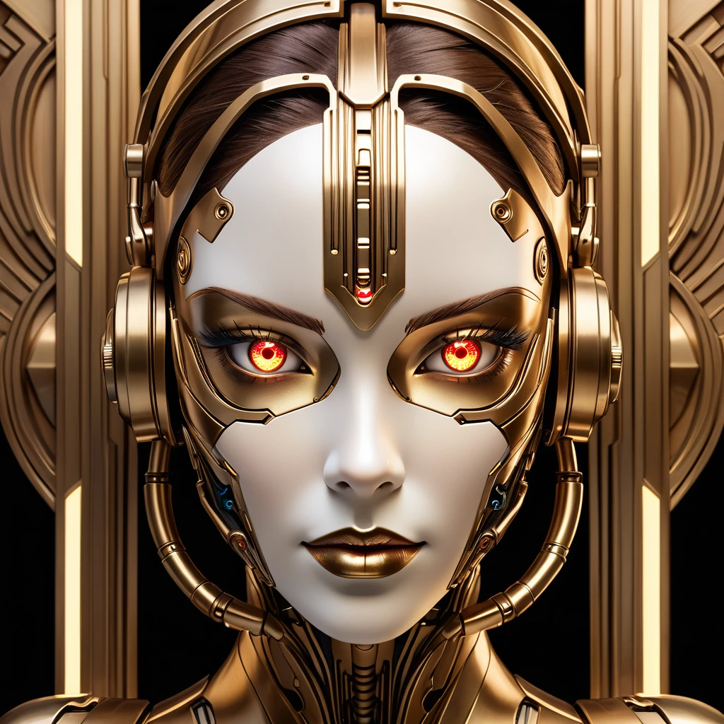 cyborg woman art deco face portrait glowing eyes bronze brass