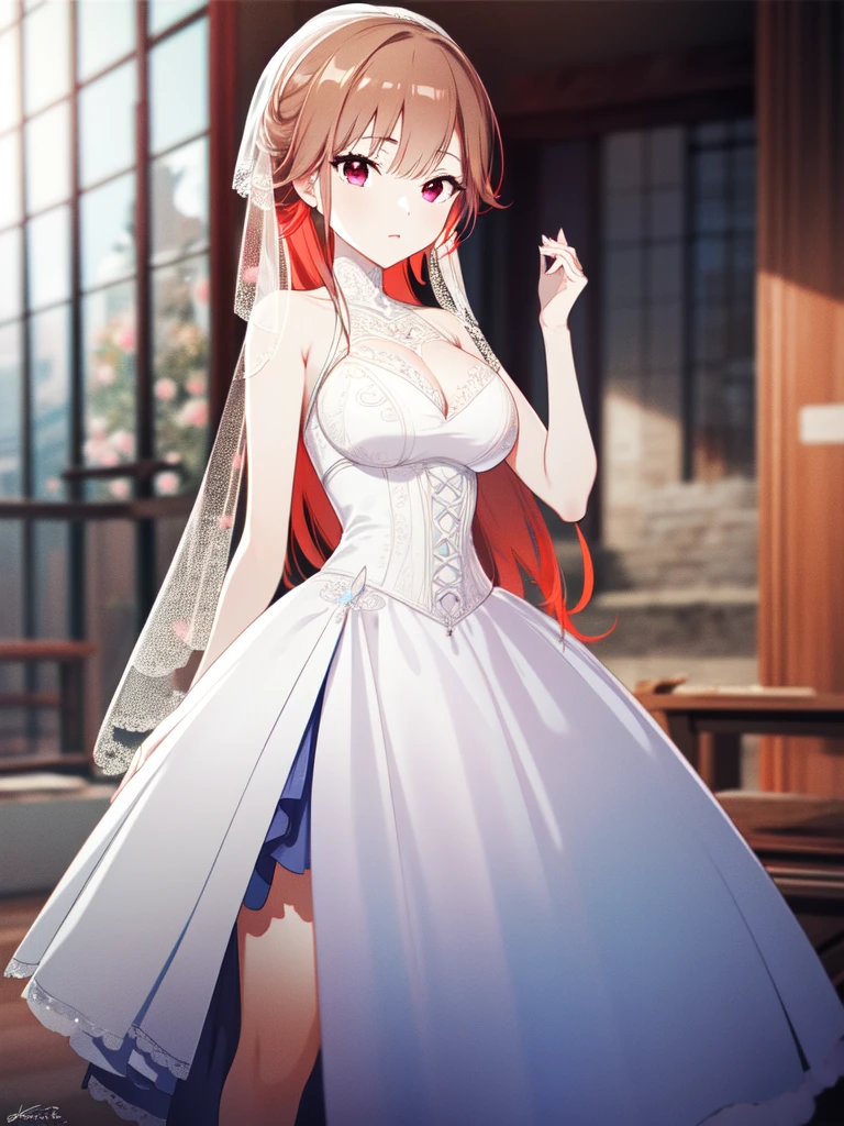 A girl，Long hair, Bangs, Orange Hair, Hair between the eyes, (Red Eyes:1.5),  (Large Breasts:1.2), 
rest  锁骨, Wedding dress，veil，wedding，White Dress，Flowers，The skirt is broken，White socks，Tights，White knee socks，
Looking at the audience, whole body,
indoors, church，permanent，permanent，
rest (masterpiece:1.2), best quality, high resolution, Unity 8K wallpaper, (illustration:0.8), (Beautiful and delicate eyes:1.6), Extremely detailed face, Perfect lighting, Extremely detailed CG, (Perfect hands, Perfect anatomical structure),