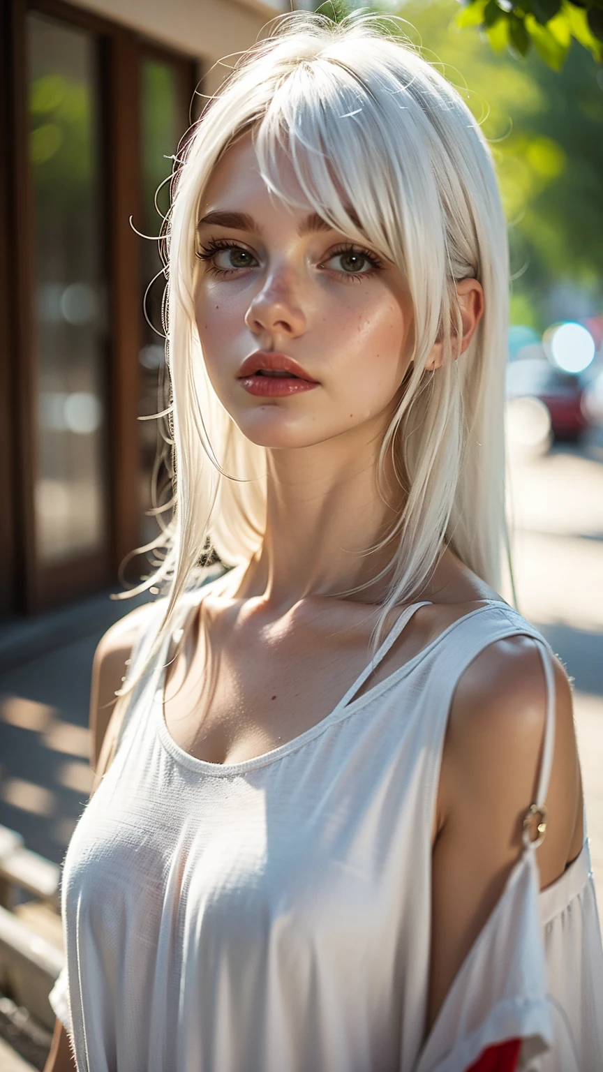 Woman, 160cm, 20 ans, white hair, outside background,