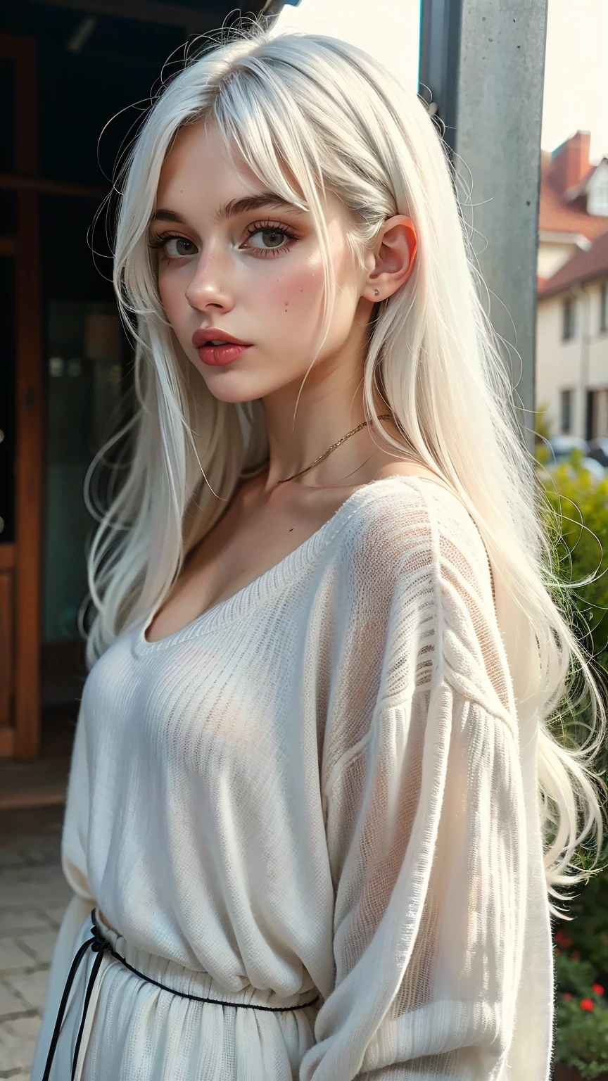 Create a 17 year old girl, with white skin, parts, eyes the color of honey, Curly white hair, she is an angel and dressed in white
