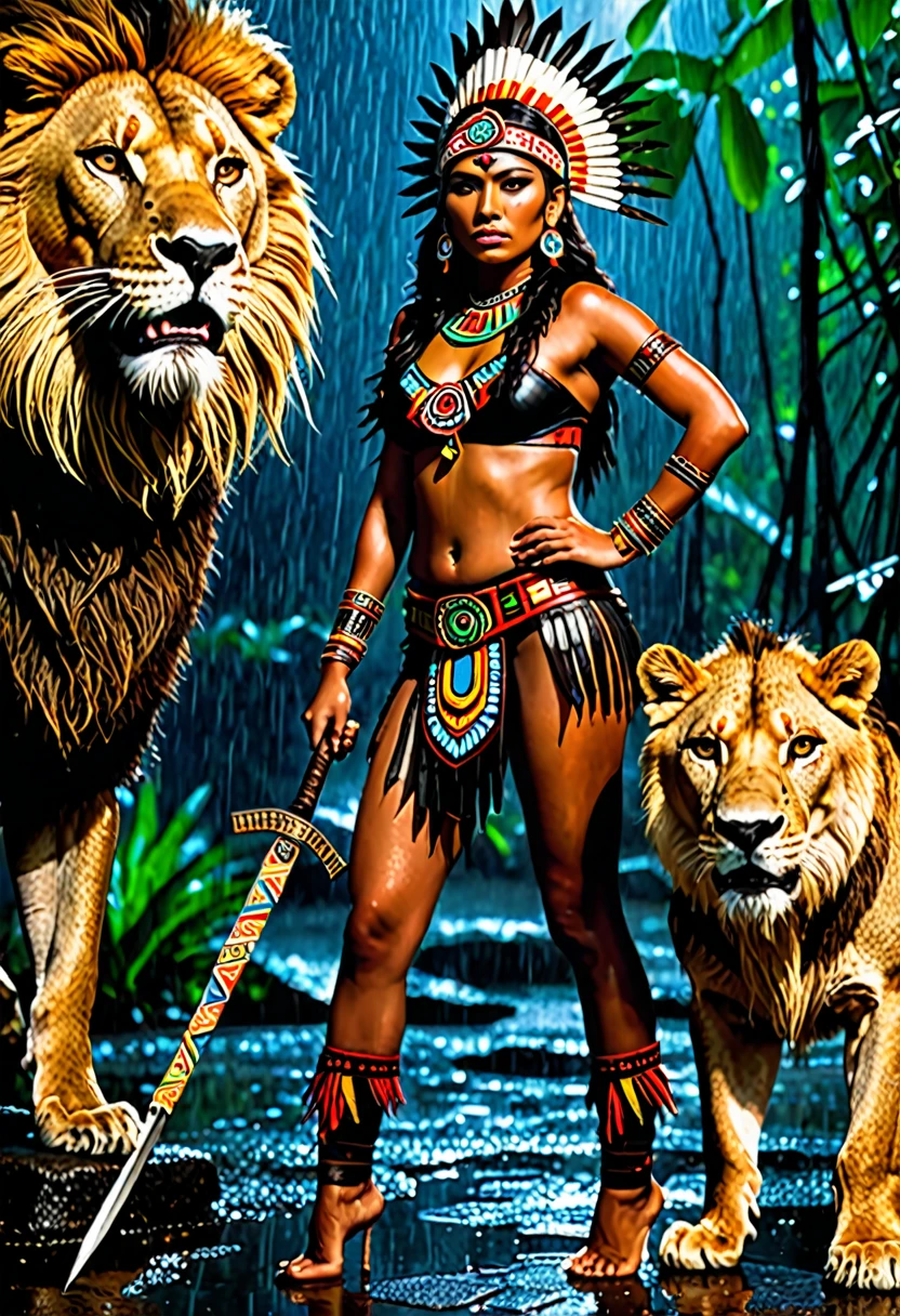 In the middle of the humid jungle on a rainy night there is a beautiful Aztec woman with a perfect body wearing a typical costume of her culture., She is posing facing the viewer holding a weapon ready for a confrontation, At her side she is accompanied by a lion that looks very intimidating.. The photograph won big awards and was taken with one of the best cameras., It has cinematic lighting, well defined details, The best quality, 16k,