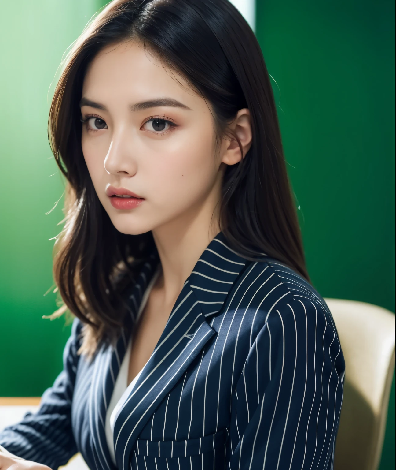mug shot, front photo, best qualtiy, 8K, masterpiece, perfect figure beautiful woman, asian woman, dark navy white stripped blazer, Highly detailed facial and skin texture, detailed eyes, double eyelid,Whiten skin,long hazel curvy hair, volume hair, sitting at her working desk, green screen background