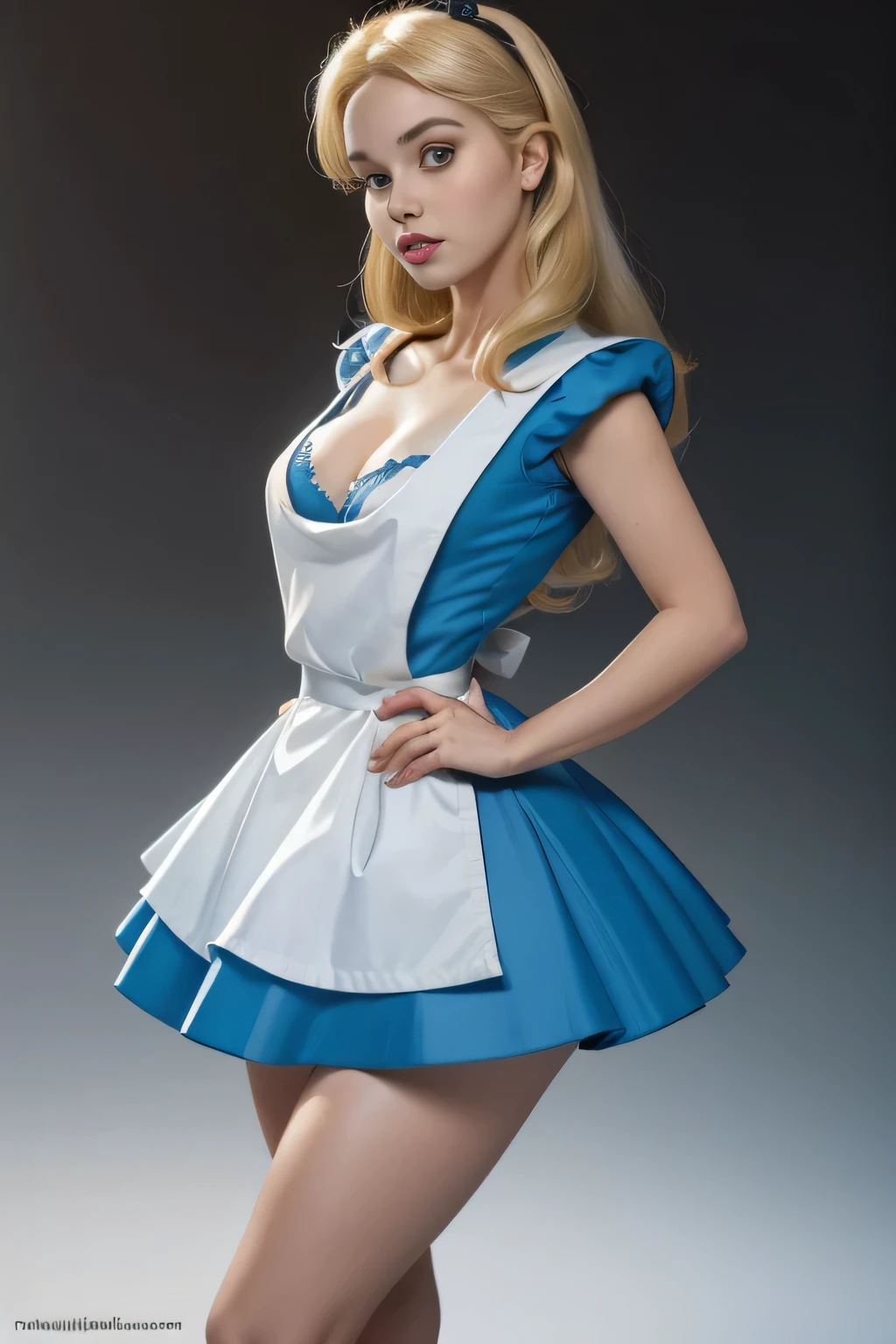 masterpiece, 1girl, solo, a sexy Alice in Wonderland with blonde hair, powder blue dress with white apron, white stockings, cleavage, dynamic, ultra high def, 32k, (perfect anatomy:1.5), perfect legs, in the style of Artgerm and Adam Hughes, perfect arms,