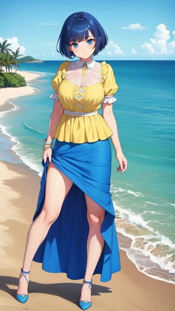  a cute girl beautiful attraction big chest blue hair Caribbean short round wearing shell hair her bright blue eye she dresses in a white shirt yellow lace thread collar and her long blue skirt sea shape yellow heel