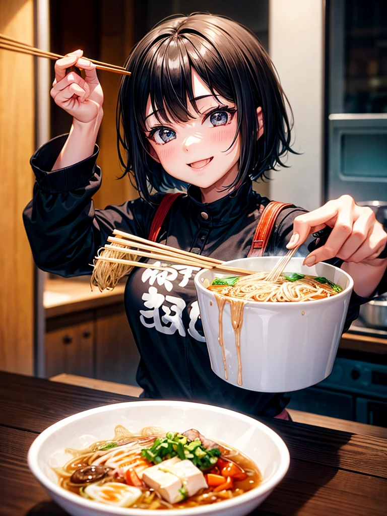 Highest Resolution,Highest quality,A girl smiling and looking at ramen while breaking disposable chopsticks,Open your mouth and drool,Black short hair,