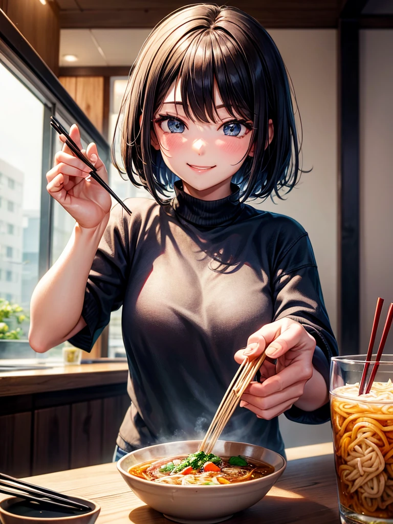 Highest Resolution,Highest quality,A girl smiling and looking at ramen while breaking disposable chopsticks,Open your mouth and drool,Black short hair,