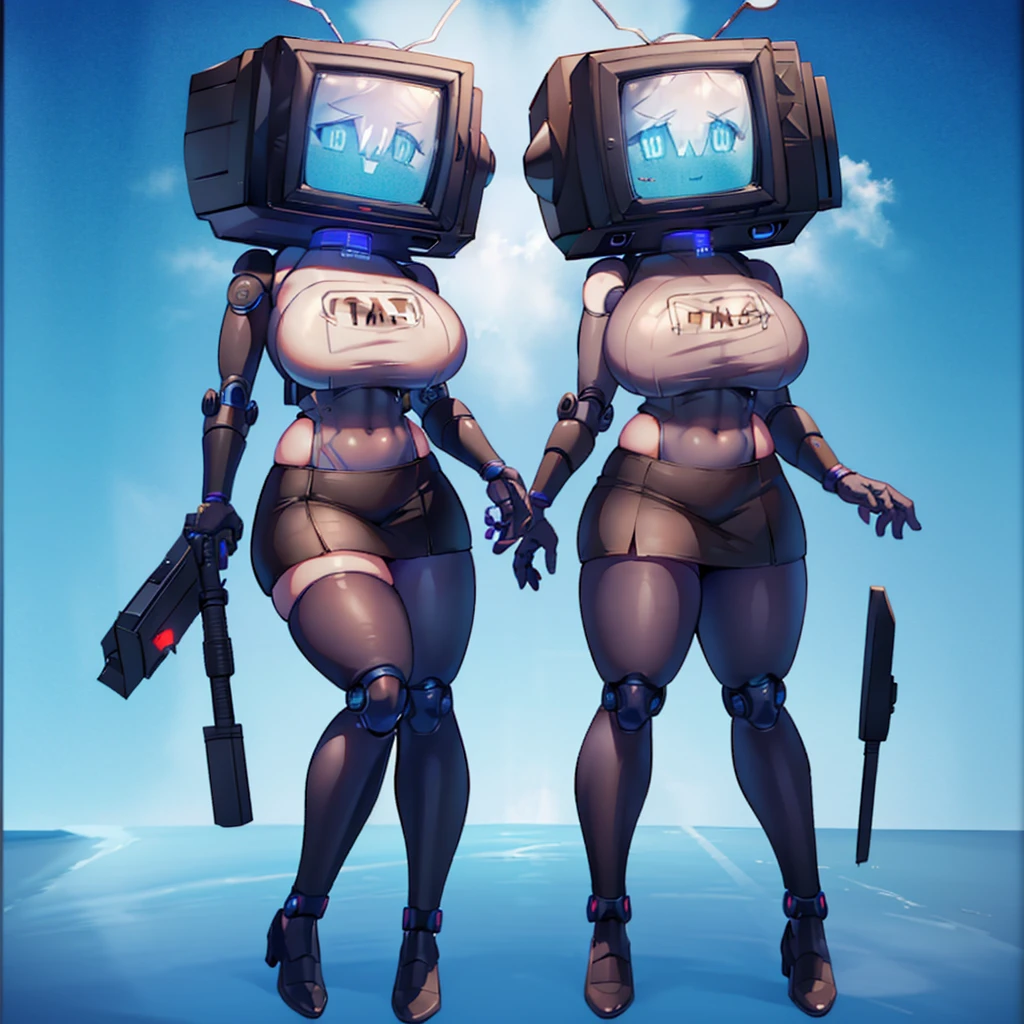 (masterpiece) (high Res), (robot), (Perfect face), (perfect anatomy), robot woman with a television head, in super tight clothes, (office suit), (mini skirt), shirt, tie, blue glowing eyes, huge breast, narrow waist, wide hips, thick thighs, Brown skin, metal body, black high heels, (TV Head), (tv girl), (Television Head)