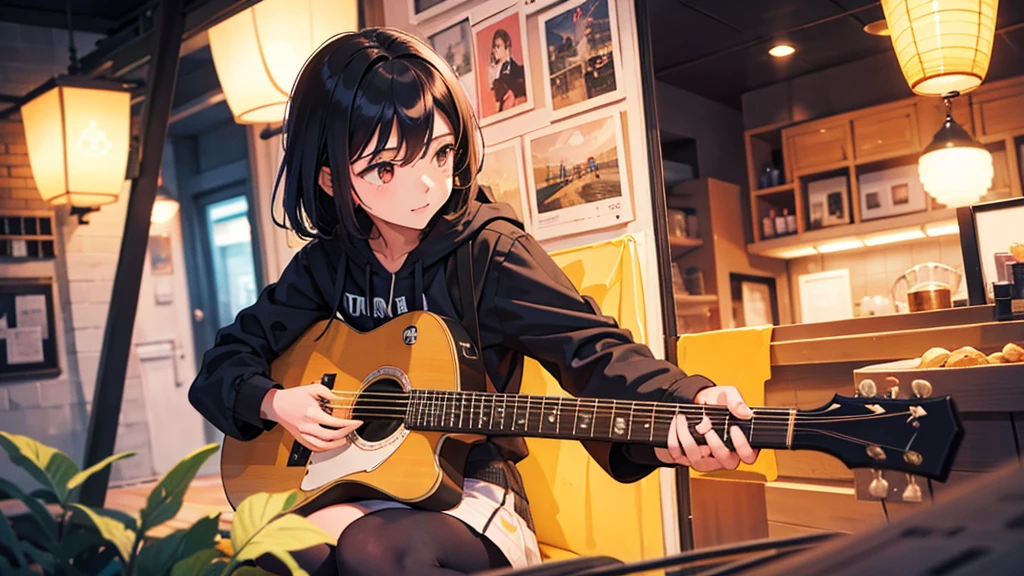 The composition is seen from a distance。Time is night。A girl around 15 years old is playing the guitar by herself.。