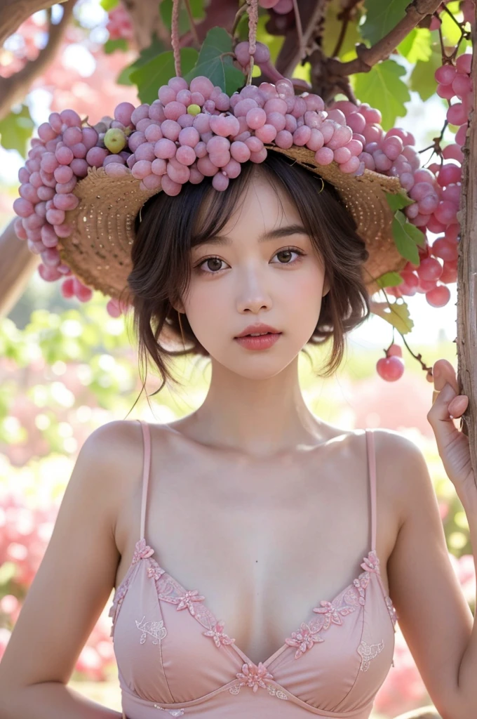 high quality), (masterpiece), (detailed), 8K, Close-up of (Pink-Diamond Seedless grapes1.3), vibrant pink hue, (firm texture1.2), (succulent taste1.2), (clusters hanging1.2), (Western Australia vineyard1.3), (clear sky1.1), (natural sunlight1.2), (healthy vine1.2