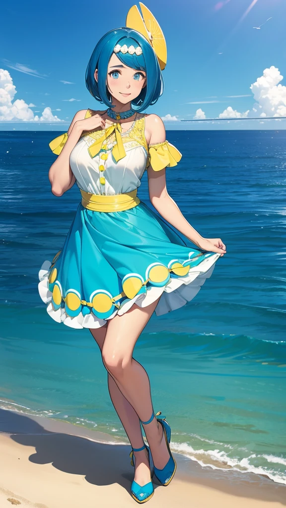  a cute girl beautiful attraction big chest blue hair Caribbean short round wearing shell hair her bright blue eye she dresses in a white shirt yellow lace thread collar and her long blue skirt sea shape yellow heel