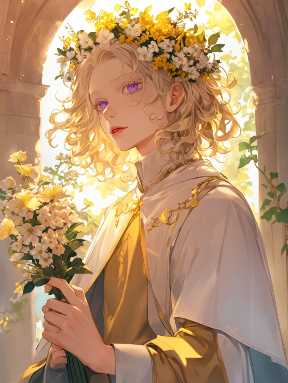 Boy , blonde short curly hair , gray and purple eyes, albinos , pale skin , white clothes, gold accessories 