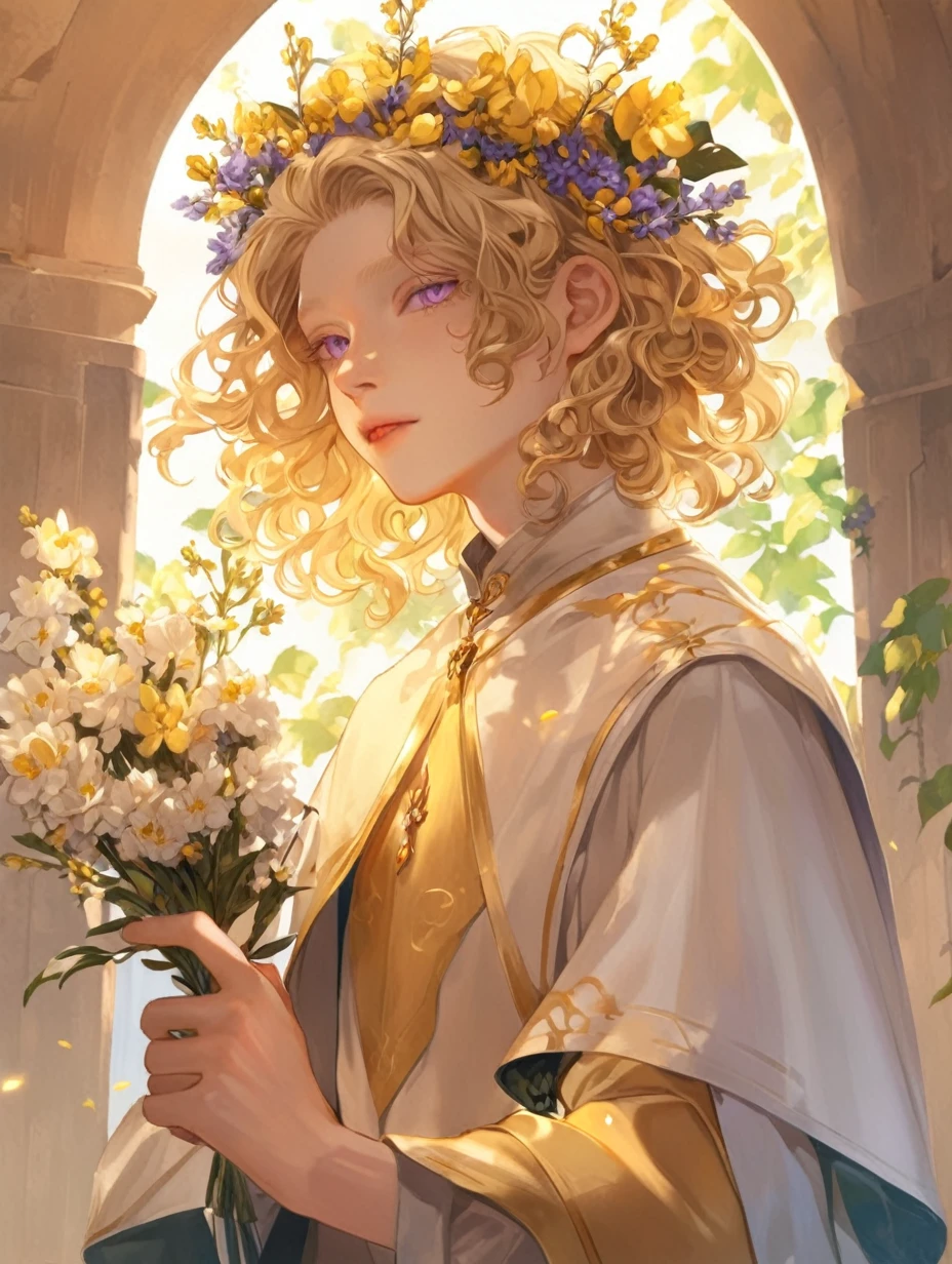 Boy , blonde short curly hair , gray and purple eyes, albinos , pale skin , white clothes, gold accessories