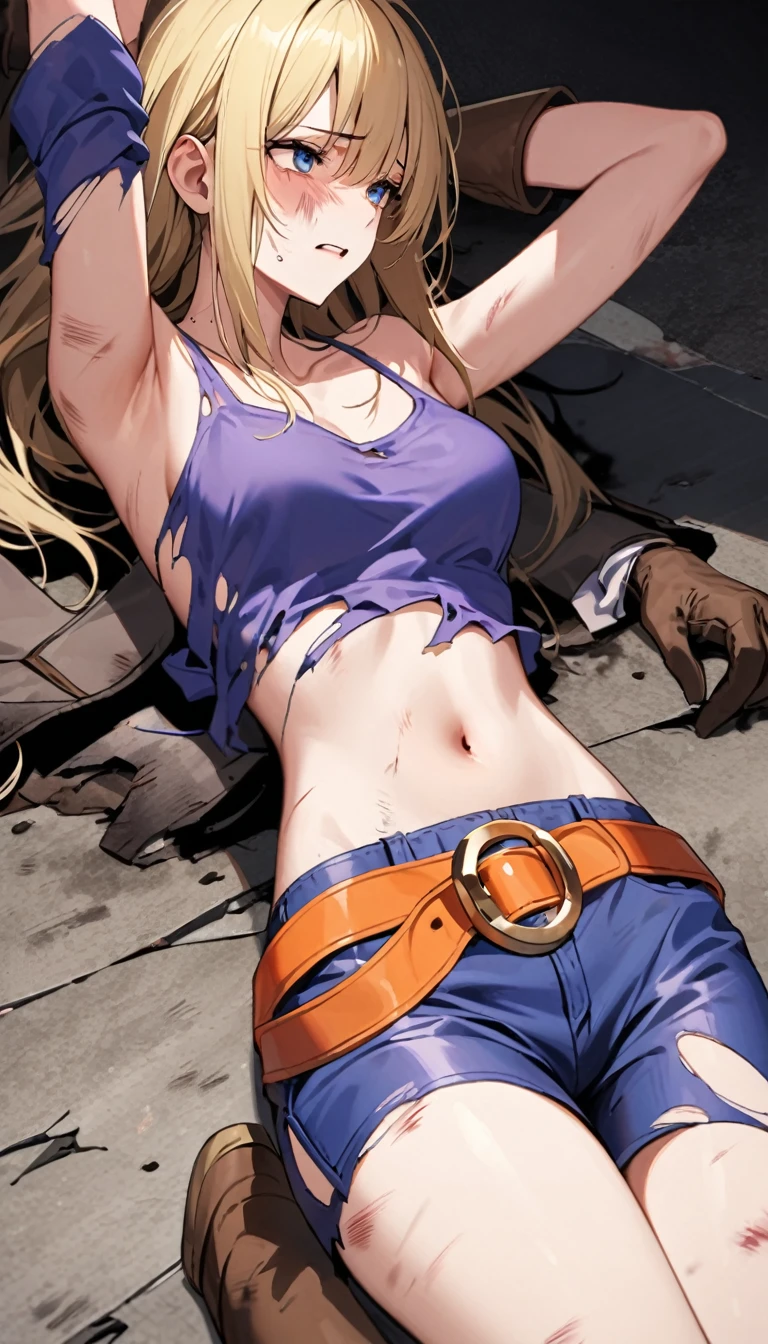 A straight blonde adult girl ,she wearing a pink  tight u-neck T-shirt, she is wearing blue leather shorts with an orange belt with a gold round buckle, she is wearing short brown gloves, she is wearing brown short boots, she expose her navel, He was knocked down, injured, battered and his clothes were torn and shattered and completely naked then she fainted, After her defeat, her body was destroyed, her head was decapitated