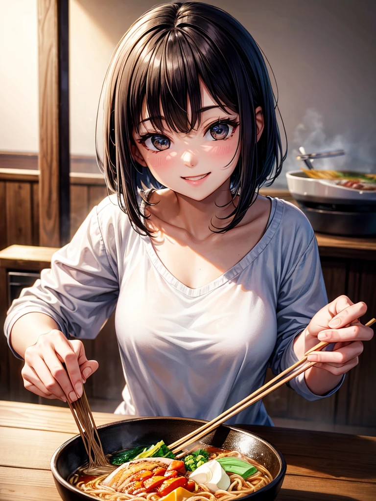 Highest Resolution,Highest quality,A girl smiling and looking at ramen while breaking disposable chopsticks,Open your mouth and drool,Black short hair,up,