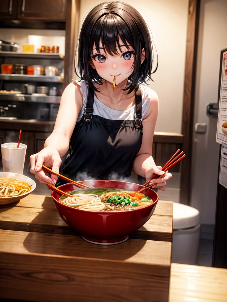 Highest Resolution,Highest quality,A girl smiling and looking at ramen while breaking disposable chopsticks,Open your mouth and drool,Black short hair,up,