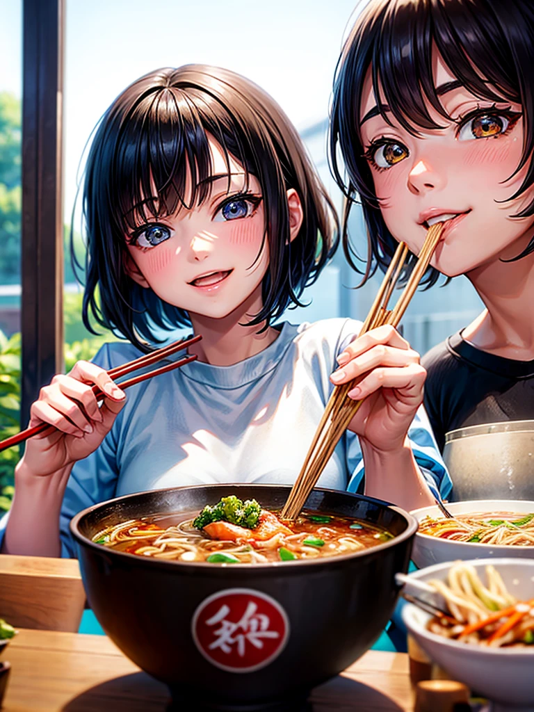 Highest Resolution,Highest quality,A girl smiling and looking at ramen while breaking disposable chopsticks,Open your mouth and drool,Black short hair,up,