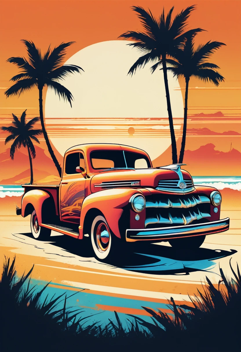 creative logo ilustration of a hot rod truck with surfboard in the back, palms and sun, only four warm colors, digital art style by dan mumford, marcsimonetti, frank frazetta, sketch, high definition, negative space, logo style, T-shirt design