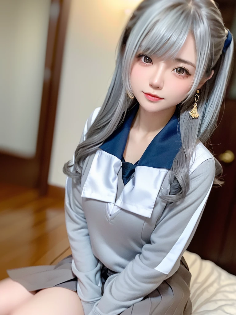 8K, RAW Photos, Fujifilm, Beautiful 20 year old woman style photo, (((Gray Hair:1.3,美しいGray Hairのストレートヘアー、シルキーなGray Hair)))、(((High School Sailor Uniform:1.5,))) Gold earrings, (Highly detailed skin: 1.2), Light medium brown hair, Film Grain, 35mm, Cute Style、(((Sitting 1.5)))、Selfie、Spread your legs、sexy、erotic