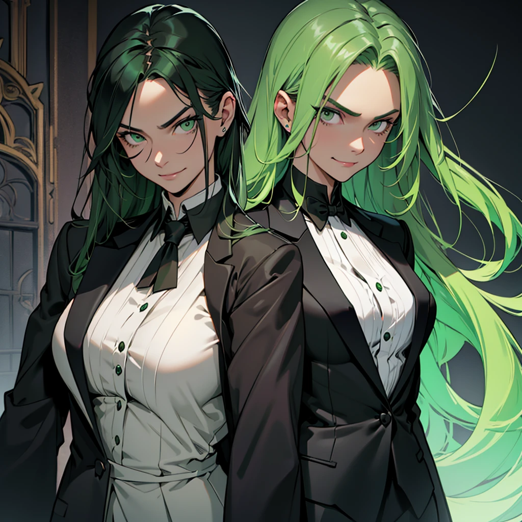A 30 year old woman, dark green hair, long hair, dark green eyes, serious face, mischievous smile, big chest, medieval period, wearing a suit, black suit, tuxedo, wearing a black tuxedo, medieval background, Ultra HD 4k, 4k, Ultra HD