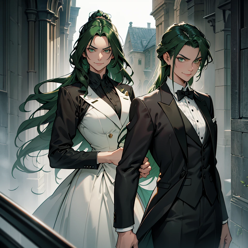 A 30 year old woman, dark green hair, long hair, dark green eyes, serious face, mischievous smile, big chest, medieval period, wearing a suit, black suit, tuxedo, wearing a black tuxedo, medieval background, Ultra HD 4k, 4k, Ultra HD