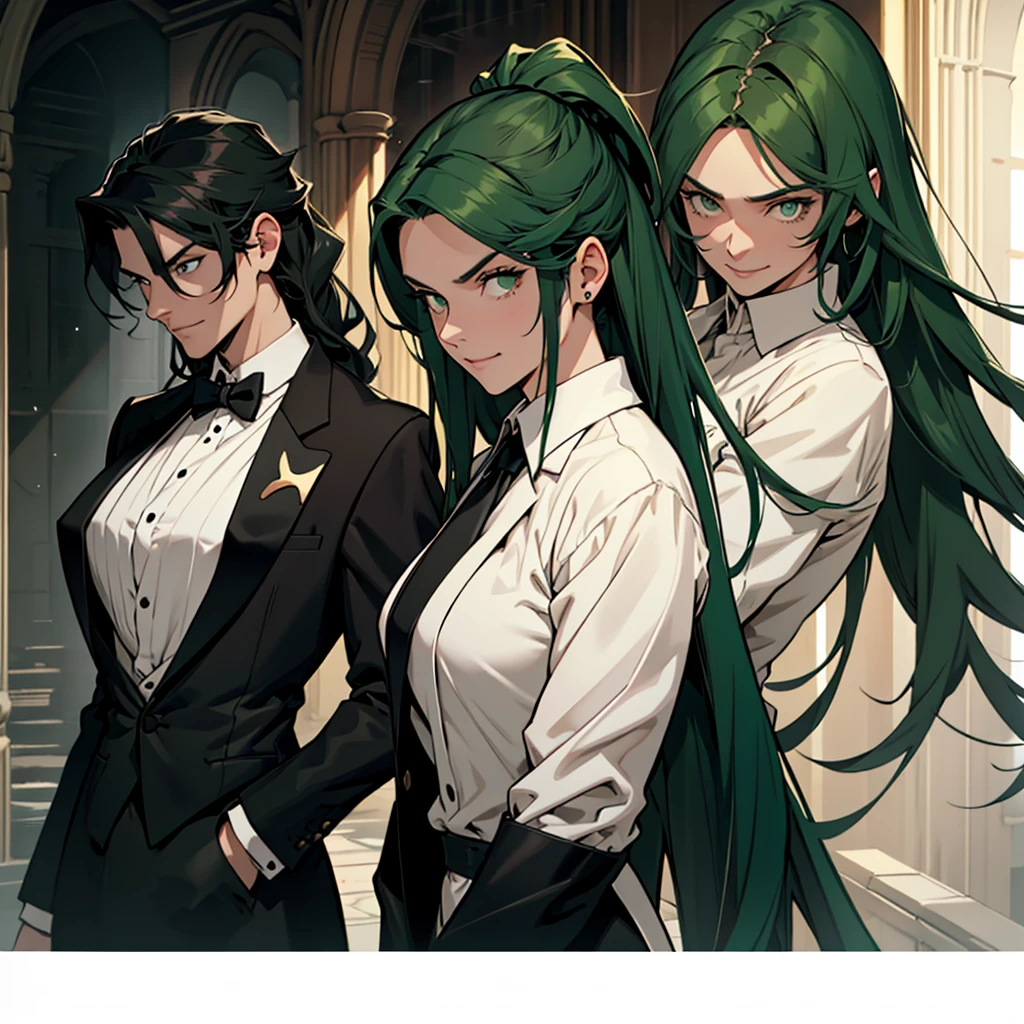 A 30 year old woman, dark green hair, long hair, dark green eyes, serious face, mischievous smile, big chest, medieval period, wearing a suit, black suit, tuxedo, wearing a black tuxedo, medieval background, Ultra HD 4k, 4k, Ultra HD