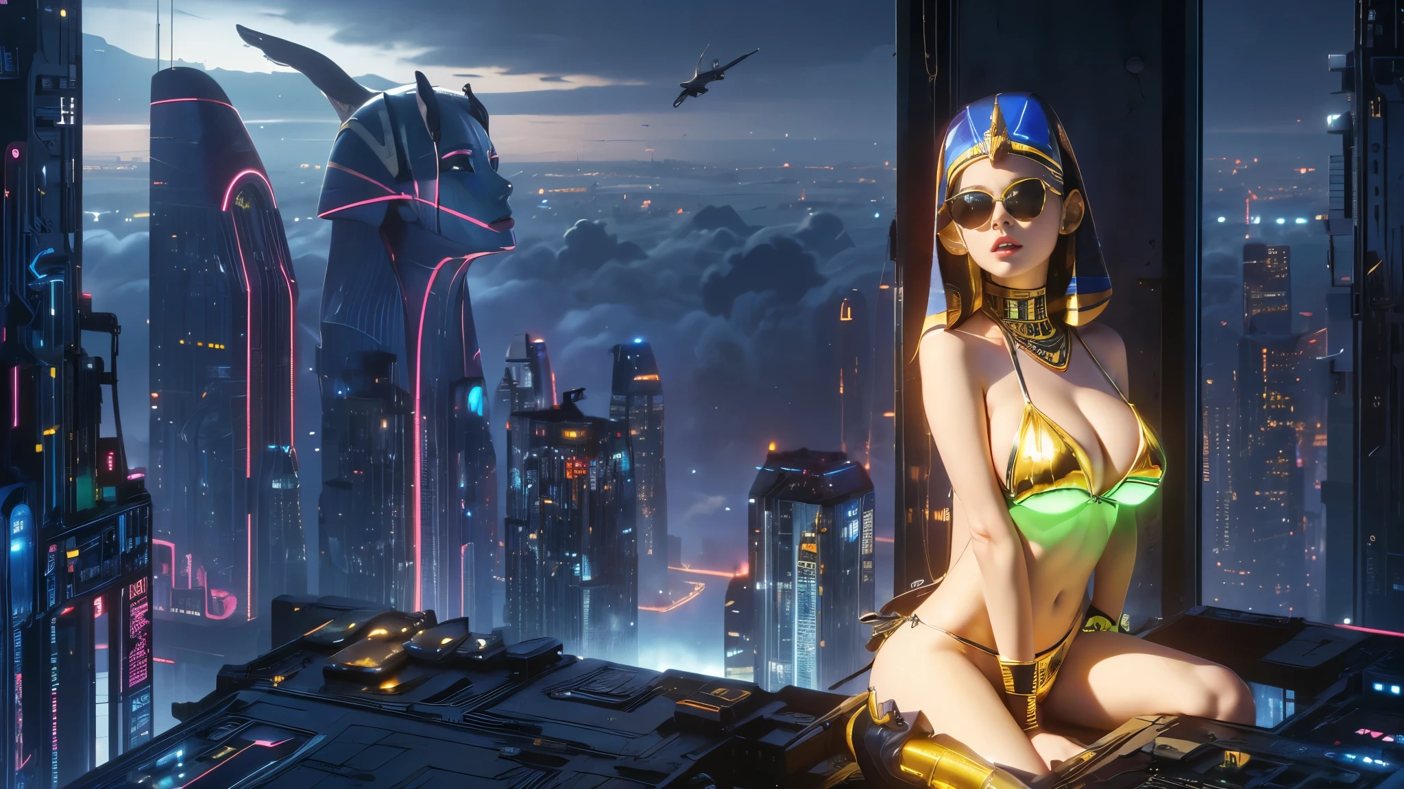 (((a medium-breast bikini slim GIRL with black micro sunglasses))), (((aiming at viewer with a pistol))), a balcony of a futuristic building, aerial view of an ultra-futuristic megalopolis, many metal buildings and houses in dark colors from dark blue to black, a cidade tem tons de cinza metal, has smoky metal structures , industrial environment with smoke and fog around, carros escuros nas ruas, desert megalopolis, trilhos e trens modernos de de metal passando estre as ruas da cidade, tall futuristic metal buildings, many ultra modern buildings around, (((an Egypt sphinx statue on the top of building))), realistic, detailed, sci-fi.