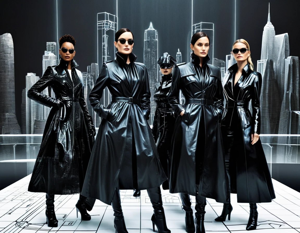 (On a sheet of paper placed on a large desk, Drawing large 4D figurines in stunning and breathtaking uhd ink style), Trinity, a group of sublime women in high detailed Black trench coat, matrix style, futuristic city center,  fully detailed, high quality, high resolution, proportions parfaites, masterpiece, hyperRéaliste, masterpiece, superior quality, high resolution, Extremely detailed faces, highly detailed 8K wallpaper, détails fractales