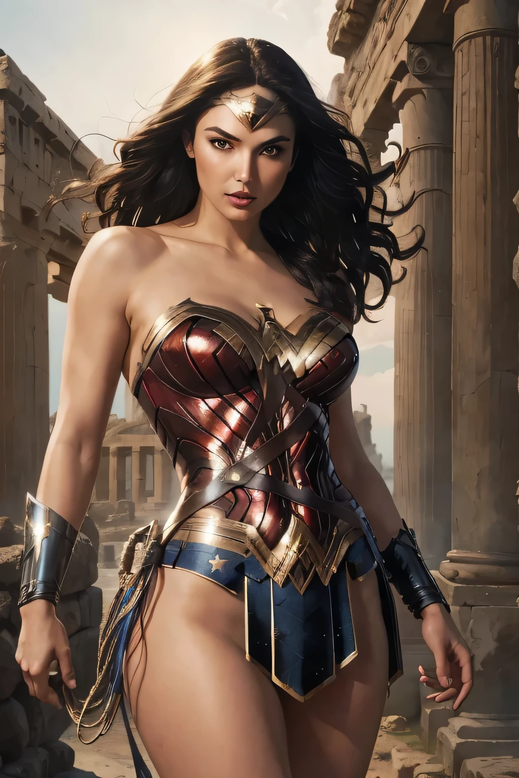 Art image of Anna De Armas as Wonder Woman, busty, beautiful, black hair, large breasts, ancient Athens background, by Louis Royo, Boris Vallejo, Frank Frazetta, extreme focus, sharp details, sexy,  oily skin, sexy, naughty, dynamic pose