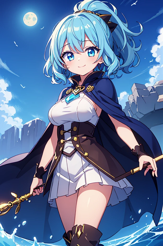 Fantasy,((Masterpiece)),((high resolution)),((Best Quality)),Anime illustration,((1girl)),(wavy hair),(short hair),(pale blue hair color),small ponytail,headband,Indigo eyes,(Big round eyes),Droopy eyes,(),12 yeby face)),((big),Short stature,Young,(loli),,ice wizard,sleevele white blouse,Blue mini skirt,slit,Brown corset,brown capelet,smile,,Brown long boots,wizard's wand with blue gem,