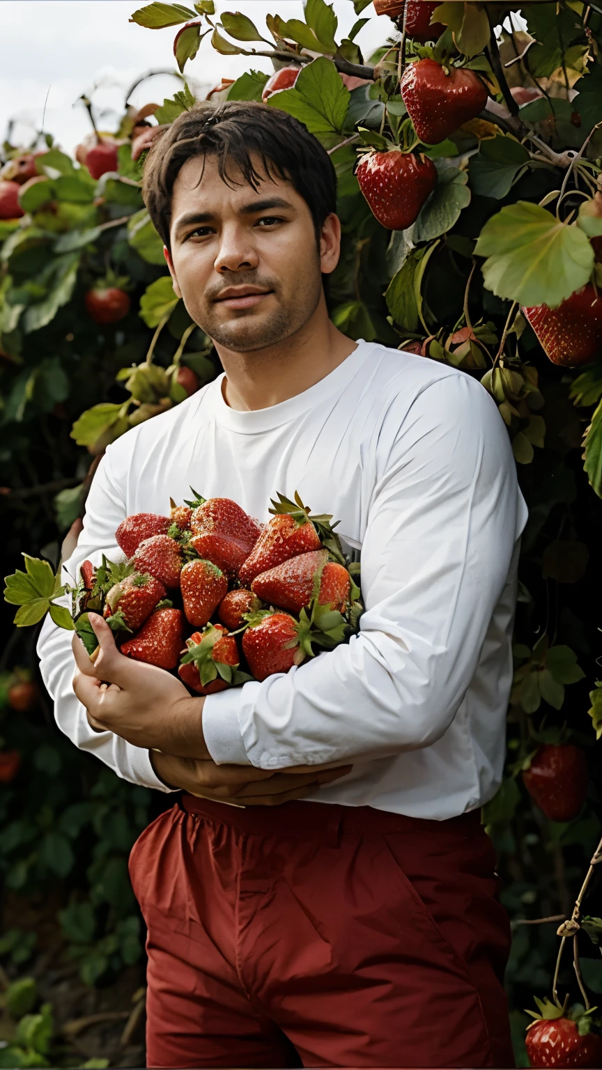 realistic, masterpiece, intricate details, detailed background, depth of field, cinematic, muscular, pectorals, photo of a handsome younger boy, no body hair, no beard, wearing nothing completely naked, big penis size, correct looking penis, well-shaped penis, smooth penis, farming, greenhouse, barrels, bushels of fruits and vegetables, sunlight, (smile:0.7), dirty, sweaty, looking at viewer,