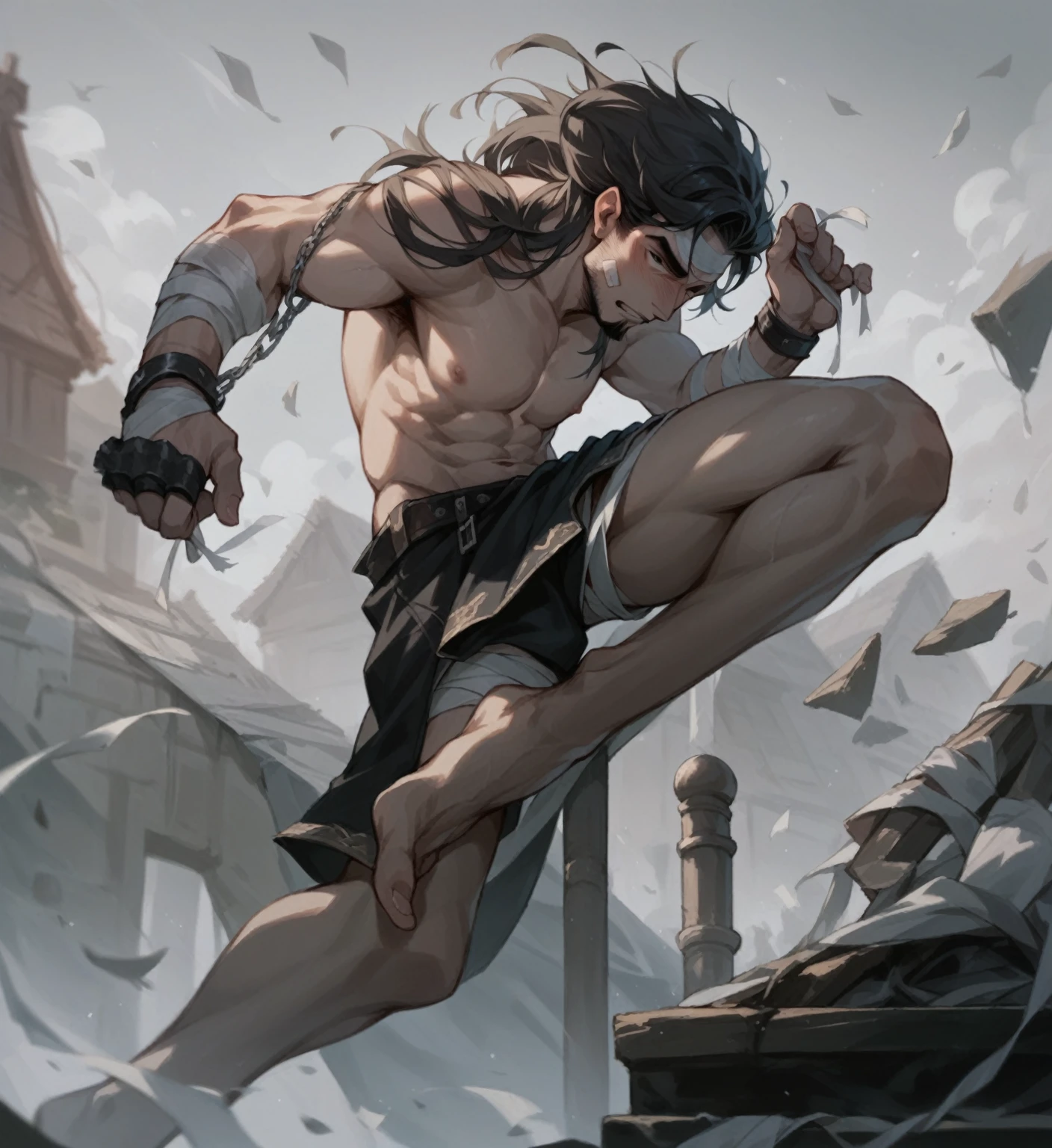 naughty man, white bandages on wrists and goatee.