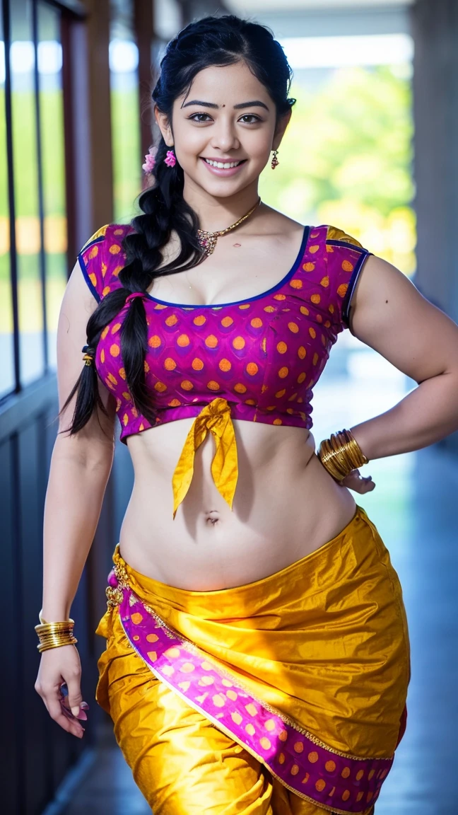 HD wallpaper 32k cinematic shoot of a Beautiful cute Rashmika Mandanna, with thick thighs and a curvy waist, twin braids, wearing an Indian blouse top, horny, seductively, in a school corridor, dotted blouse top, smiling, ((long curvy waist)), ((lowwaist)), ((curvy waist))