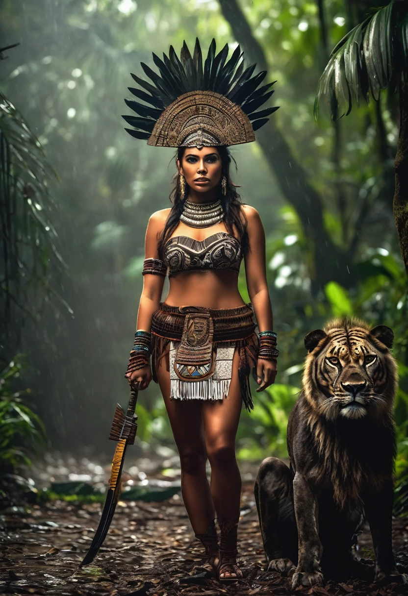 In the middle of the humid jungle on a rainy night there is a beautiful Aztec woman with a perfect body wearing a typical costume of her culture., She is posing facing the viewer holding a weapon ready for a confrontation, At her side she is accompanied by a lion that looks very intimidating.. The photograph won big awards and was taken with one of the best cameras., It has cinematic lighting, well defined details, The best quality, 16k,