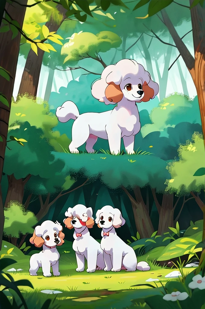 Five poodle dogs (White) in a beautiful and quiet forest