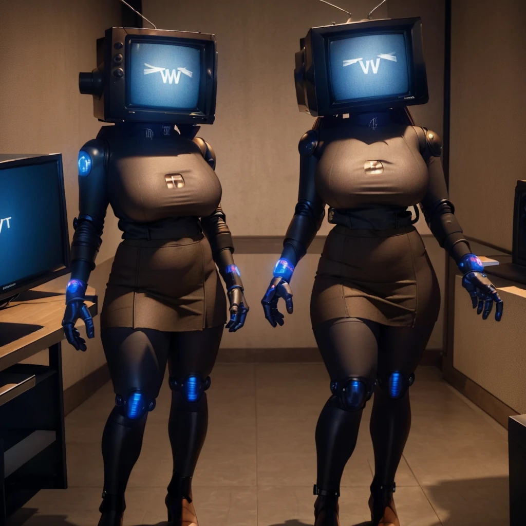 (masterpiece) (high Res), (robot), (Perfect face), (perfect anatomy) Television Head, woman in super tight clothes, (office suit), (mini skirt), shirt, tie, blue glowing eyes, huge breast, narrow waist, wide hips, thick thighs, Brown skin, metal body, black high heels, (TV Head), (tv girl), (Television Head)