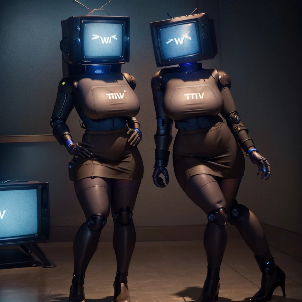 (masterpiece) (high Res), (robot), (Perfect face), (perfect anatomy) Television Head, woman in super tight clothes, (office suit), (mini skirt), shirt, tie, blue glowing eyes, huge breast, narrow waist, wide hips, thick thighs, Brown skin, metal body, black high heels, (TV Head), (tv girl), (Television Head)