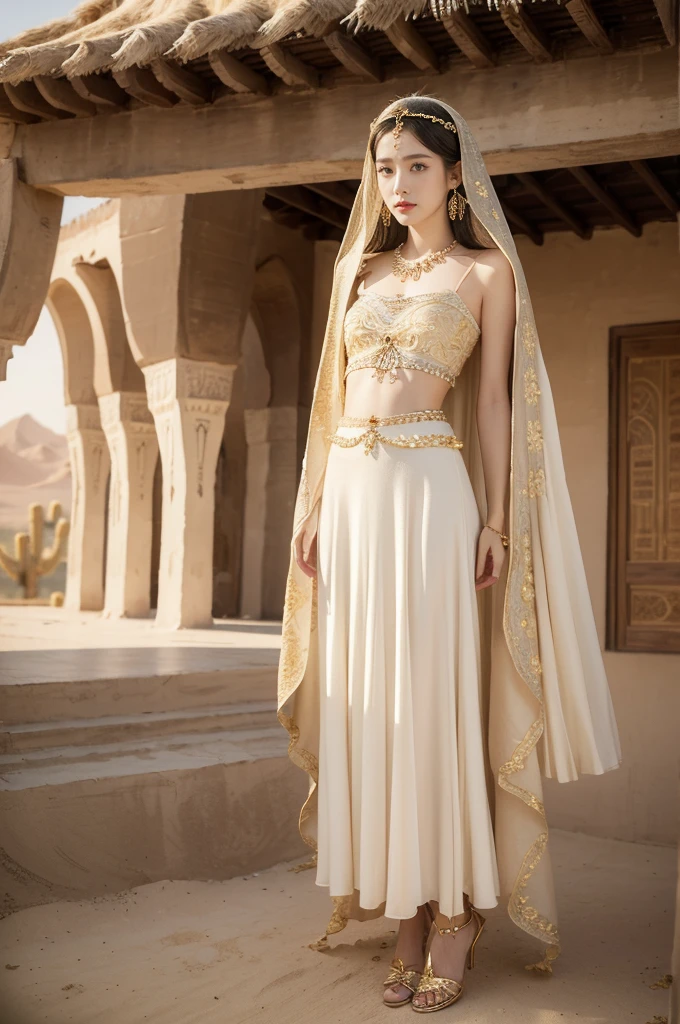 (((best quality))),(((ultra detailed))),(((masterpiece))),illustration,1girl, solo,princess, Arabic,slim,thin, ((palace, desert)),gold, gemstones,headscarf, veil on face,white sheer traditional clothing, hairband, deep eyes, elegant face, subtle smile,earrings,necklace,slender legs,high heels,sunlight, shining, serene, environment,day scene,out door,standing,((full body,from front)),((small breasts,flat chest,arms behind back))
