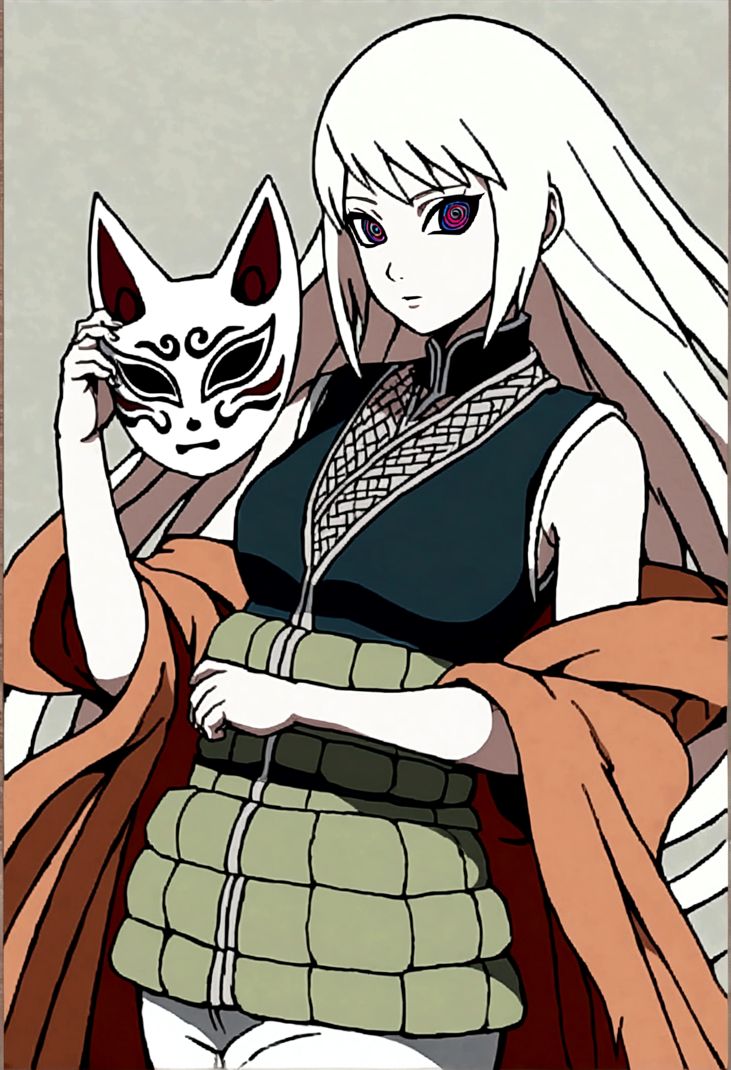 a tall slender woman, long white hair, holding a kitsune mask, green konoha vest, melancholic gaze, anime naruto style, 2D, kishimoto lineart, konoha headwear, detailed face, beautiful intricate eyes, refined facial features, graceful pose, cinematic lighting, vibrant colors, digital art, highly detailed, masterpiece