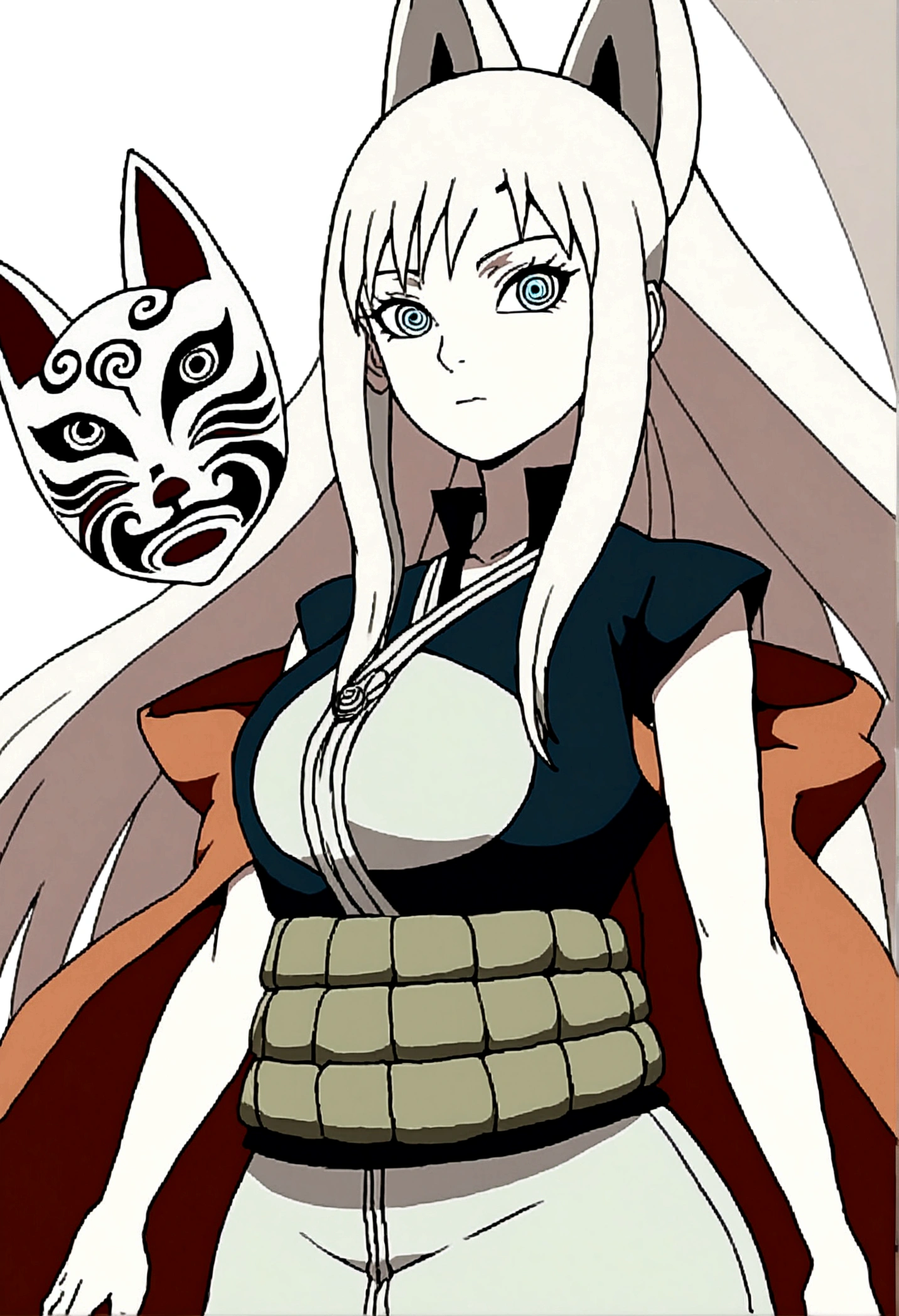 a tall slender woman, long white hair, holding a kitsune mask, green konoha vest, melancholic gaze, anime naruto style, 2D, kishimoto lineart, konoha headwear, detailed face, beautiful intricate eyes, refined facial features, graceful pose, cinematic lighting, vibrant colors, digital art, highly detailed, masterpiece