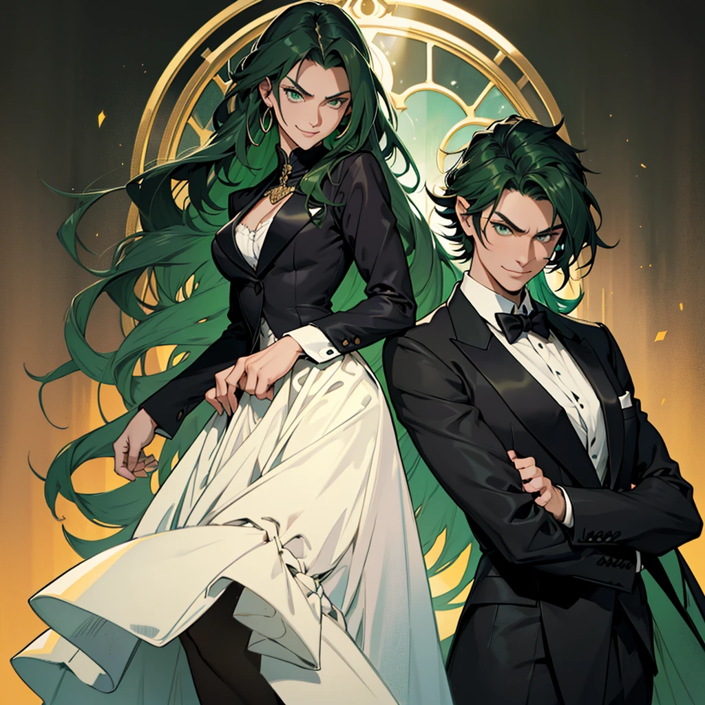 A 30 year old woman, dark green hair, long hair, dark green eyes, serious face, mischievous smile, big chest, medieval period, wearing a suit, black suit, tuxedo, wearing a black tuxedo, medieval background, Ultra HD 4k, 4k, Ultra HD