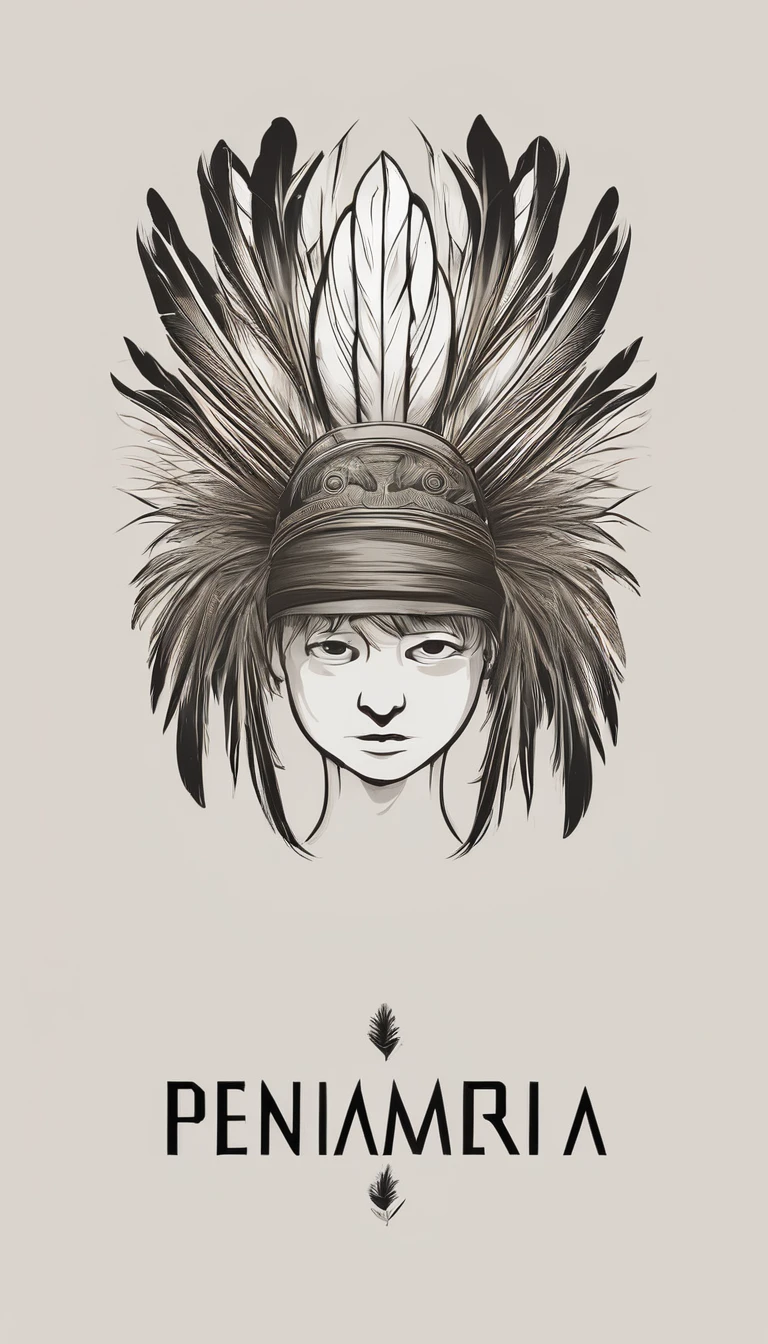 A minimal, modern, simple, cinematic logo design e of a boy with a head full of feathers for the brand “Penamemoria" .