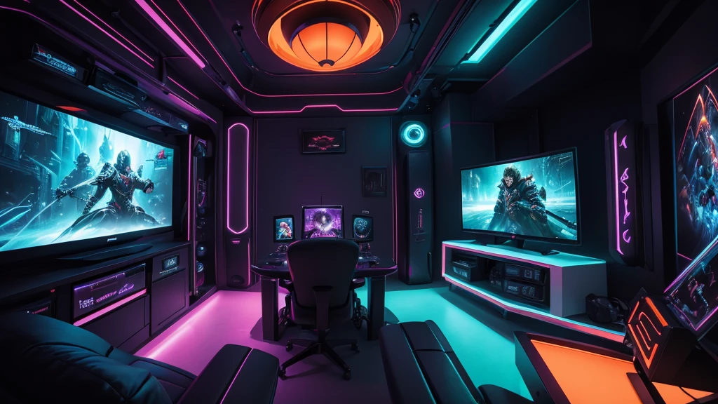 (best quality,4k,8k,highres,masterpiece:1.2),ultra-detailed,(realistic,photorealistic,photo-realistic:1.37),inside view of gaming room at evening,(colorful,nicely-toned:turquoise,blue,purple,orange,red) night, [Silhouette] of a person sitting at a futuristic gaming setup, illuminated by the vibrant glow of RGB LED lights. [Multiple monitors] displaying intense action scenes from virtual worlds. [Sleek, modern design:1.1] of the gaming console, with a polished finish and metallic accents. The room is filled with [a sense of excitement], as the person's eyes are [bright and focused:1.1] on the screen, reflecting the captivating gameplay. The atmosphere exudes [energy and intensity], enhanced by the [subtle smoke effects:0.9] floating in the air. In the background, [stylish posters and artworks] adorn the walls, showcasing iconic gaming characters and immersive landscapes. The room is bathed in [dynamic, vibrant lighting:1.1], casting [striking shadows and highlights] on the gamer's face and surroundings. The color scheme transitions from deep blues and purples to fiery oranges and reds, creating a [dreamlike ambiance]. The scene captures the thrill and immersion of the gaming experience, inviting the viewer to join this captivating virtual realm.