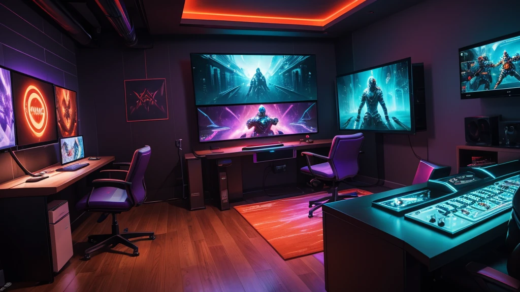 (best quality,4k,8k,highres,masterpiece:1.2),ultra-detailed,(realistic,photorealistic,photo-realistic:1.37),inside view of gaming room at evening,(colorful,nicely-toned:turquoise,blue,purple,orange,red) night, [Silhouette] of a person sitting at a futuristic gaming setup, illuminated by the vibrant glow of RGB LED lights. [Multiple monitors] displaying intense action scenes from virtual worlds. [Sleek, modern design:1.1] of the gaming console, with a polished finish and metallic accents. The room is filled with [a sense of excitement], as the person's eyes are [bright and focused:1.1] on the screen, reflecting the captivating gameplay. The atmosphere exudes [energy and intensity], enhanced by the [subtle smoke effects:0.9] floating in the air. In the background, [stylish posters and artworks] adorn the walls, showcasing iconic gaming characters and immersive landscapes. The room is bathed in [dynamic, vibrant lighting:1.1], casting [striking shadows and highlights] on the gamer's face and surroundings. The color scheme transitions from deep blues and purples to fiery oranges and reds, creating a [dreamlike ambiance]. The scene captures the thrill and immersion of the gaming experience, inviting the viewer to join this captivating virtual realm.
