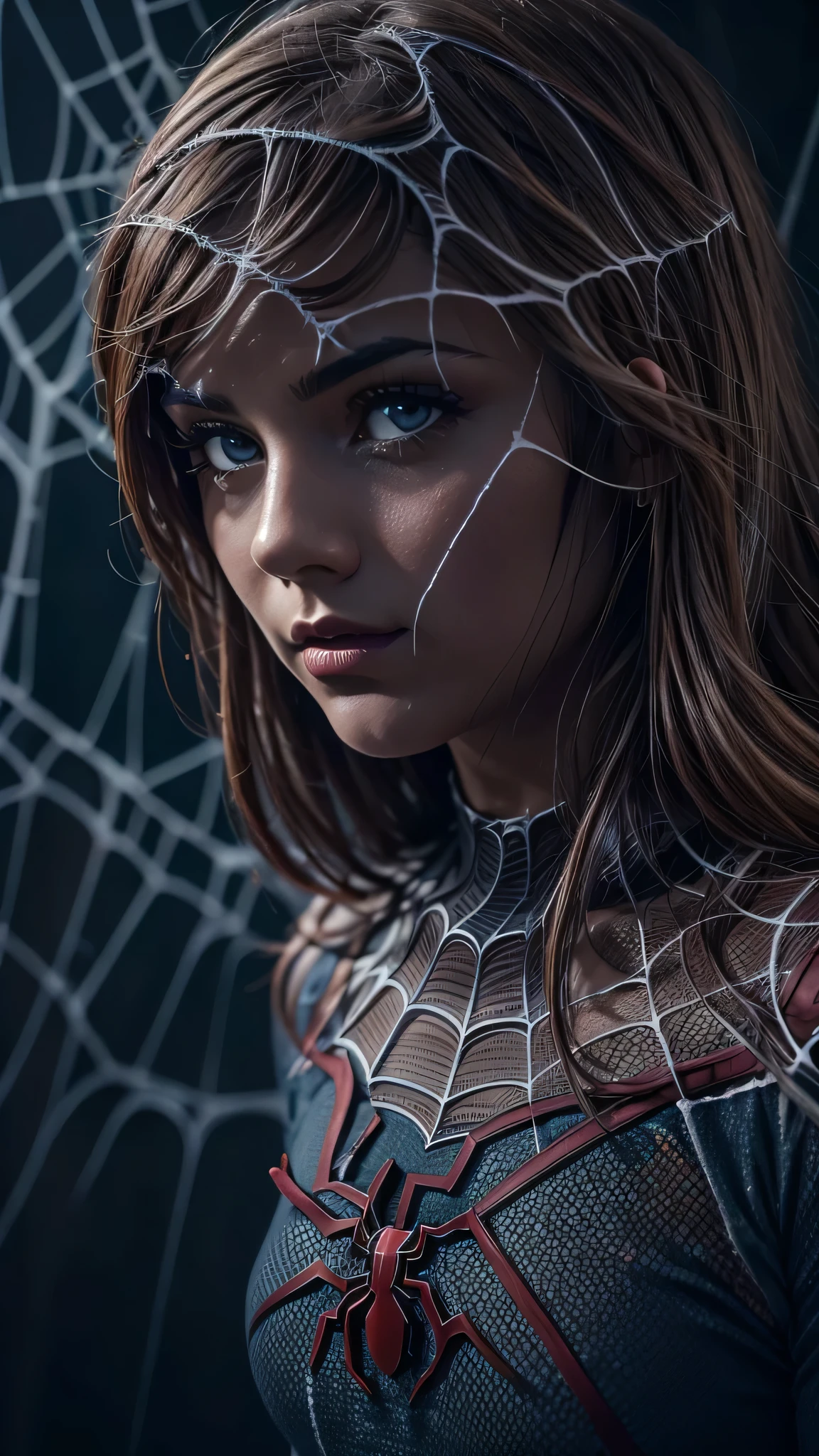 A girl wearing a Spider-Man costume, surrounded by ghostly spider webs, in a dark and eerie atmosphere, detailed and realistic, cinematic lighting, dramatic colors, muted tones, moody atmosphere