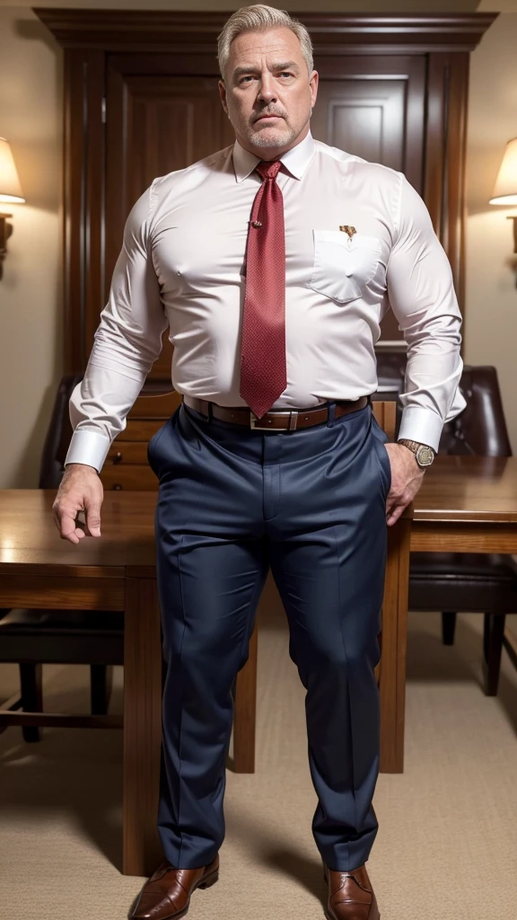 (best quality,4k,8k,highres,masterpiece:1.2), age 60, white man sheriff , horny disgusting, muscular chubby, kind, opened red silk shirt , mature daddy, Dress Pants with big bulge, hairy chest hard nipple, belt, loafer,