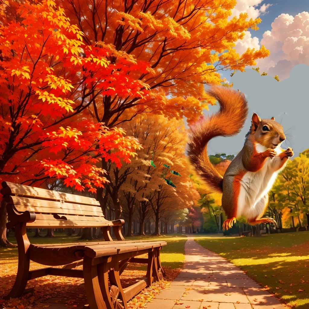 (Highest quality, High resolution), Vibrant colors,Low - Angle,
(Giant squirrel in the distance,Squirrels over 50 meters,Knock down a maple tree,)