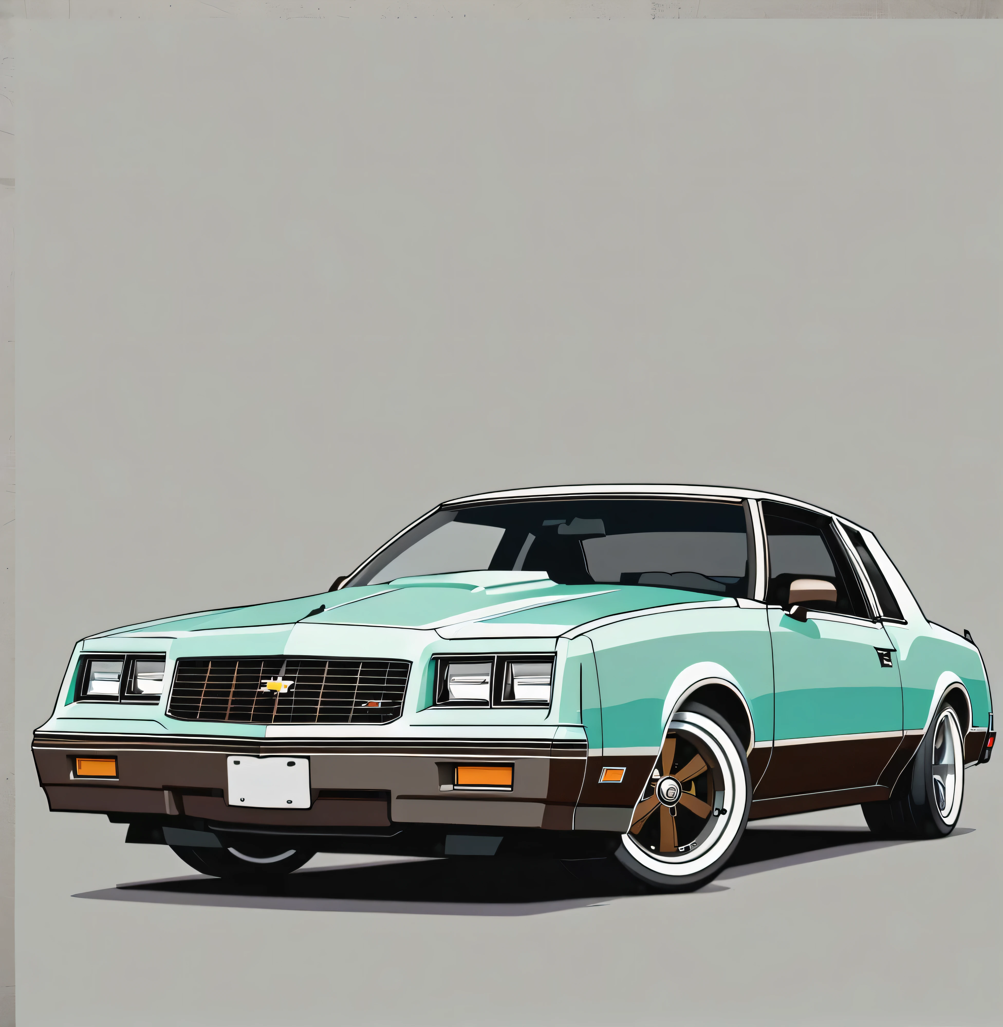 Sea Foam and brown 1986 Chevy monte carlo ss, 2 door, pop art, cartoonish style,detailed, illustration, slammed to the ground, large black staggered wheels, wide body, masterpiece, highly detailed ((([simple grey background])))
